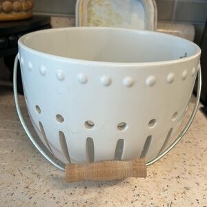 White Ceramic Berry bowl/colander/fruit strainer with Metal Handle and Wood Grip